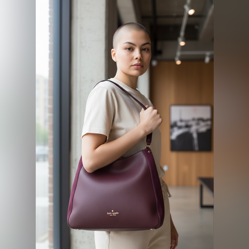 Kate Spade New York Leila Medium Triple Compartment Shoulder Bag Burgundy Suede - Picture 2 of 7